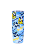 A tall cylindrical tumbler with a clear lid, printed with a repeating Blue Angels design featuring blue and yellow jets and logos against a light blue sky background.