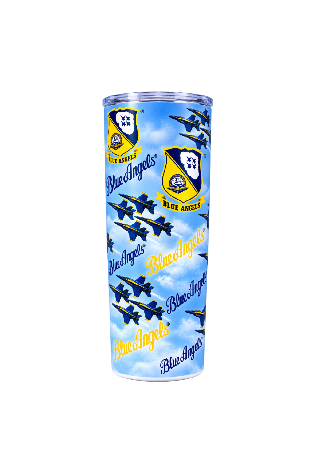 A tall cylindrical tumbler with a clear lid, printed with a repeating Blue Angels design featuring blue and yellow jets and logos against a light blue sky background.