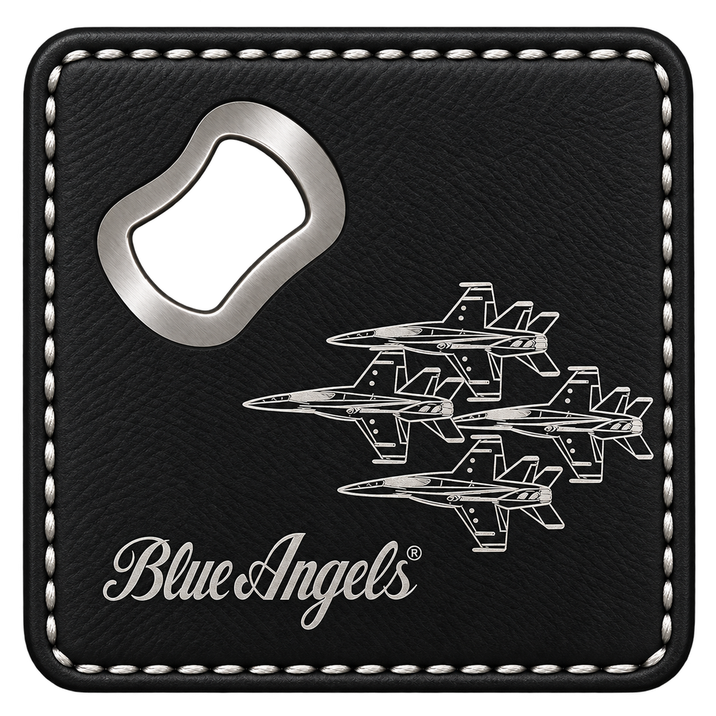 A square black leather bottle opener with white stitching, featuring a silver metal opener blade, an engraved graphic of four Blue Angels jets, and the 'Blue Angels' logo in white script.