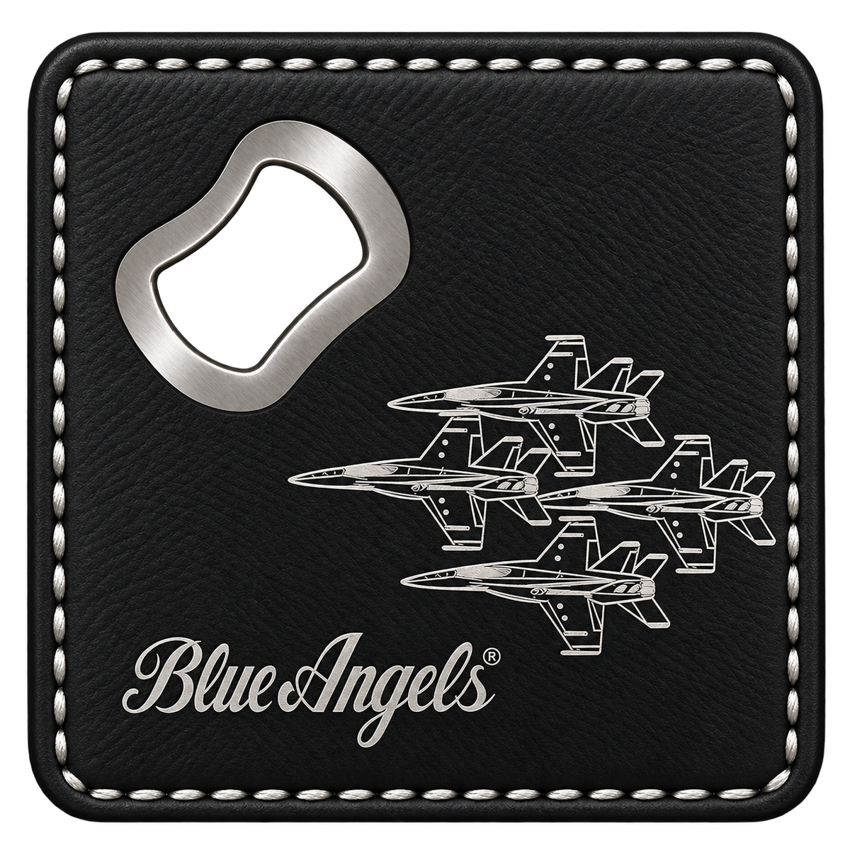 A square black leather bottle opener with white stitching, featuring a silver metal opener blade, an engraved graphic of four Blue Angels jets, and the 'Blue Angels' logo in white script.