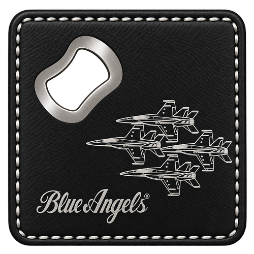 A square black leather bottle opener with white stitching, featuring a silver metal opener blade, an engraved graphic of four Blue Angels jets, and the 'Blue Angels' logo in white script.
