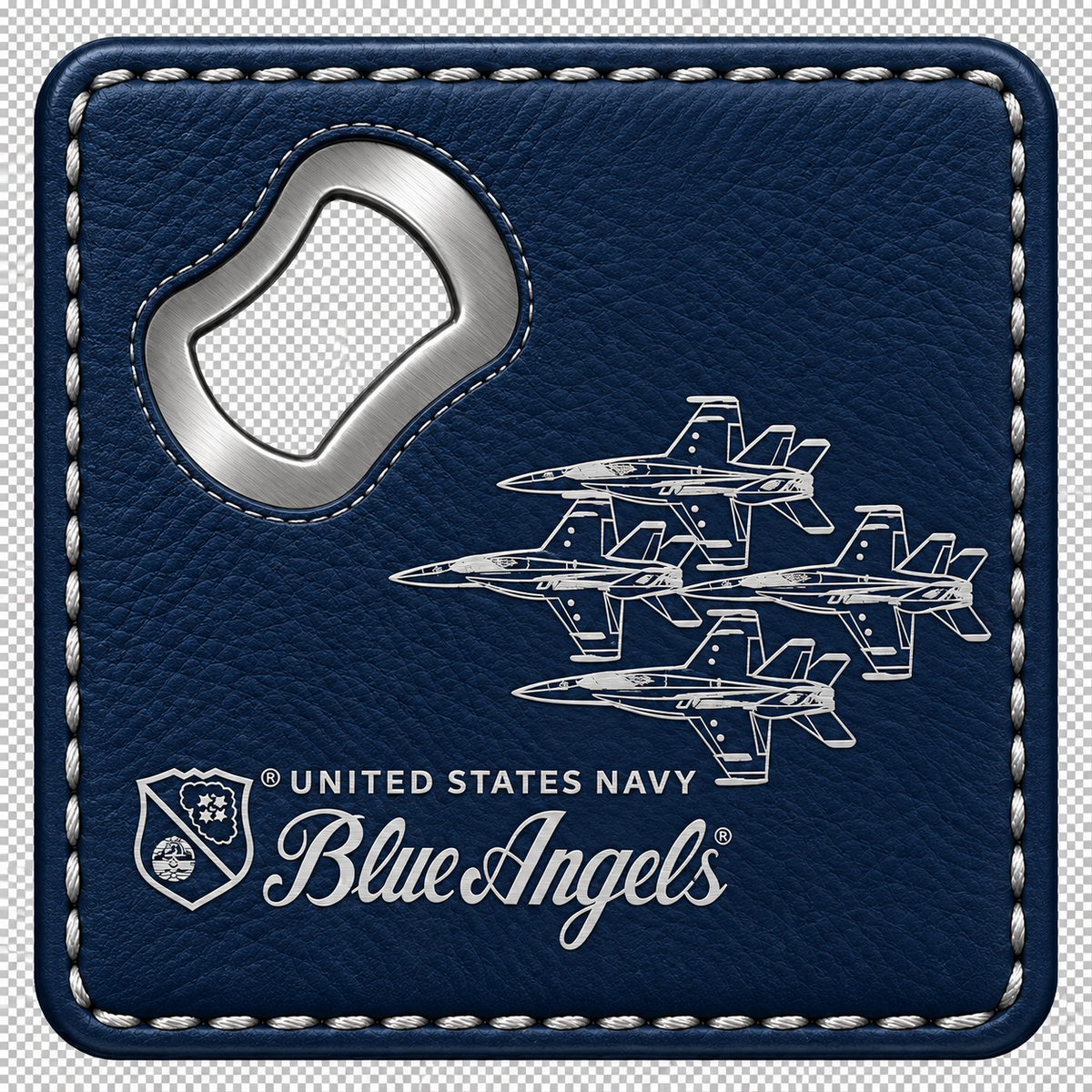 A square blue leather bottle opener holder featuring a silver metal bottle opener, silver stitched border, United States Navy Blue Angels jet graphics, and the Blue Angels logo.