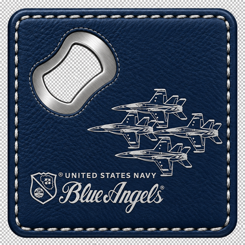 A square blue leather bottle opener holder featuring a silver metal bottle opener, silver stitched border, United States Navy Blue Angels jet graphics, and the Blue Angels logo.