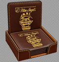 A set of six dark brown leatherette coasters with a matching case, featuring gold laser engraved image of the United States Navy Blue Angels and Pensacola Beach Sign.