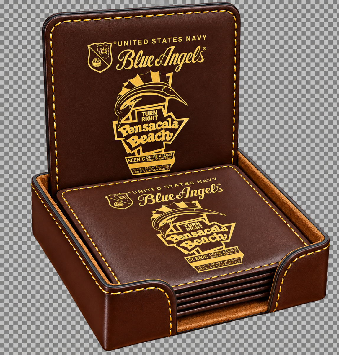 A set of six dark brown leatherette coasters with a matching case, featuring gold laser engraved image of the United States Navy Blue Angels and Pensacola Beach Sign.