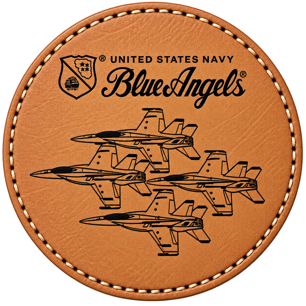 A round rawhide leatherette coaster featuring black laser engraved graphics of four fighter jets and the United States Navy Blue Angels logo and name, finished with black contrast stitching.
