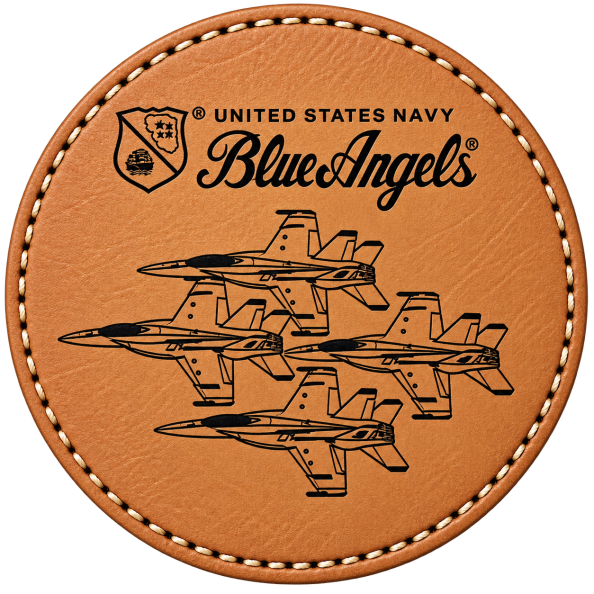 A round rawhide leatherette coaster featuring black laser engraved graphics of four fighter jets and the United States Navy Blue Angels logo and name, finished with black contrast stitching.