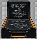 A set of six square black leatherette coasters in a holder with silver stitching  featuring United States Navy Blue Angels graphics and text on the lid and base.