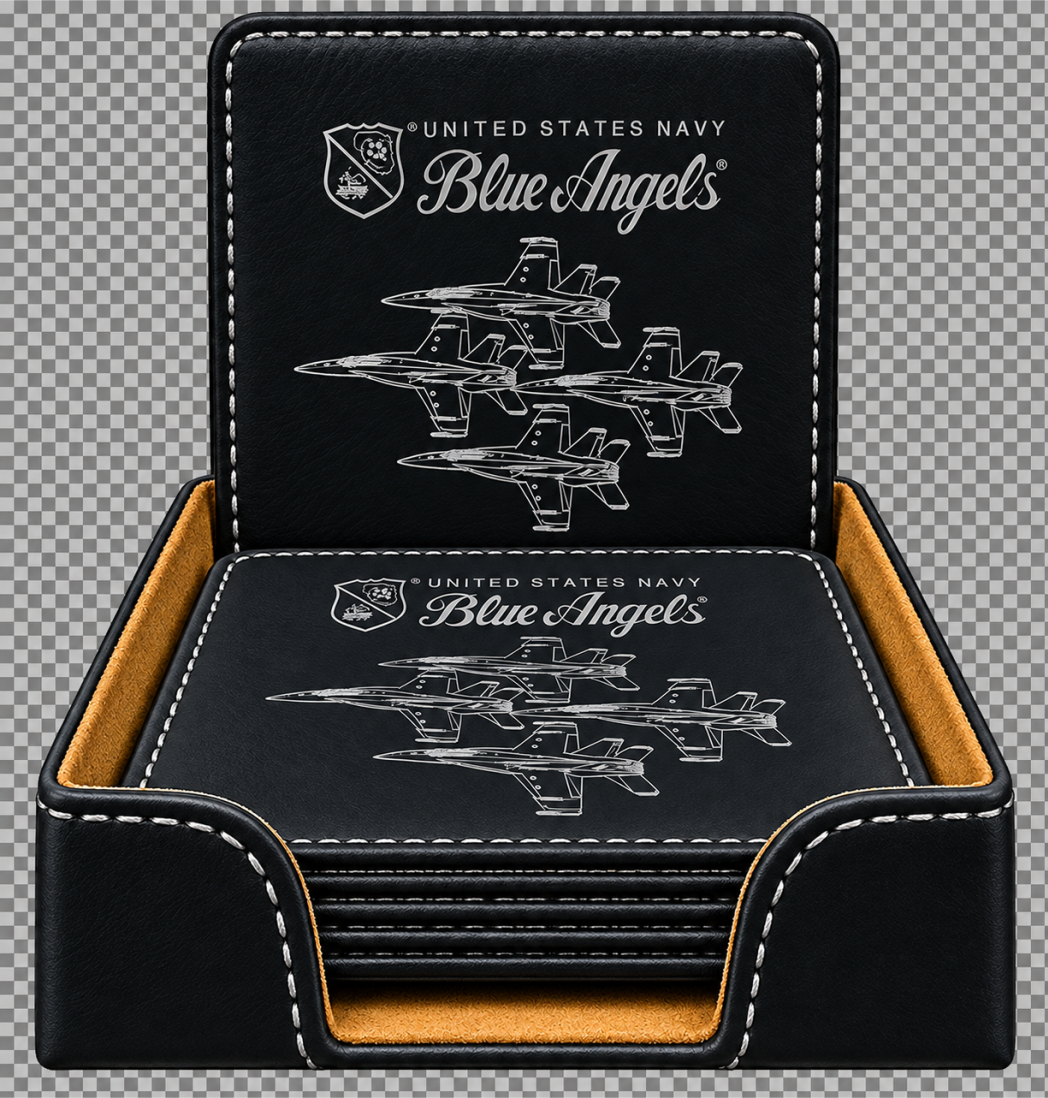 A set of six square black leatherette coasters in a holder with silver stitching  featuring United States Navy Blue Angels graphics and text on the lid and base.
