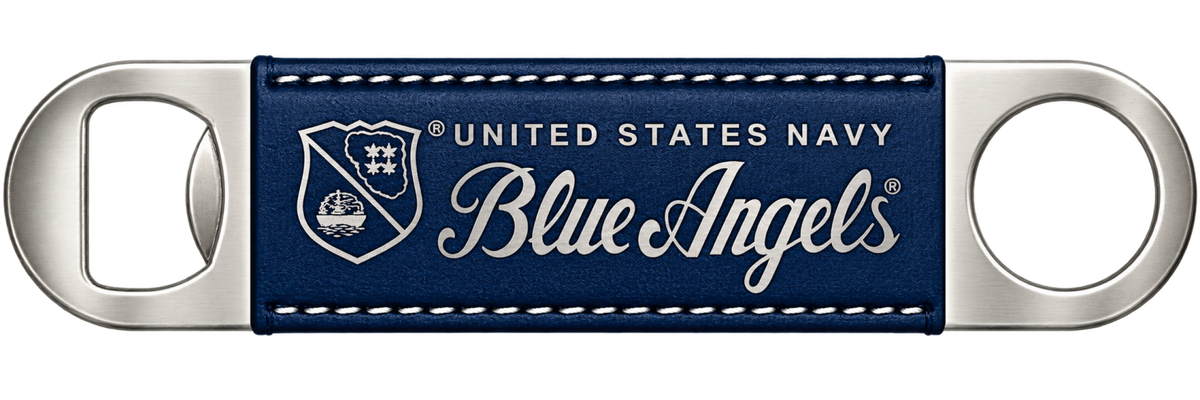 A United States Navy Blue Angels branded bottle opener with a navy blue leatherette center.