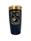 A navy blue insulated tumbler with a gold crest design reading 'BLUE ANGELS' and a gold metallic band near the lid, shown on a plain white background.