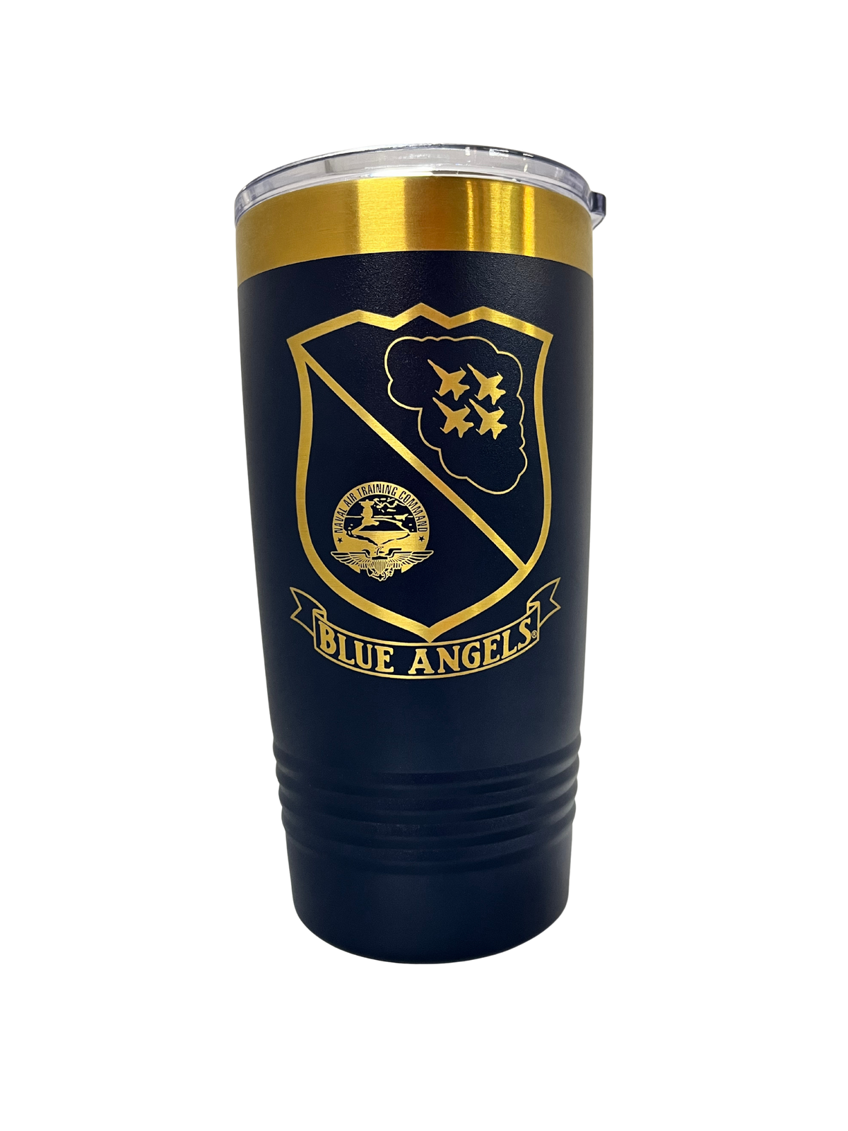 A navy blue insulated tumbler with a gold crest design reading 'BLUE ANGELS' and a gold metallic band near the lid, shown on a plain white background.